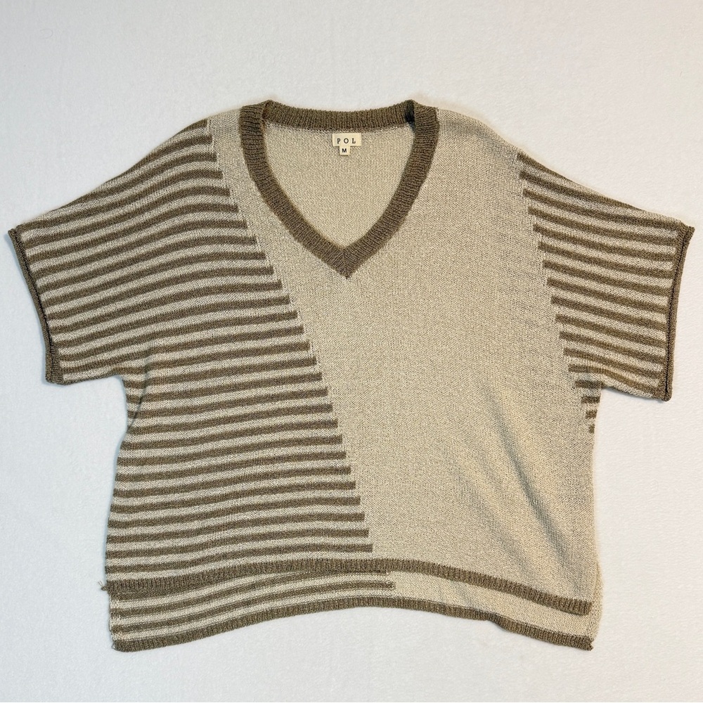 POL V-Neck Striped Sweater - Cream and Brown